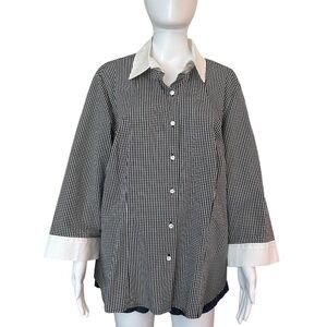 Talbots Woman Size 2X White Collar and Cuffs Gingham Print 3/4 Sleeves Preppy